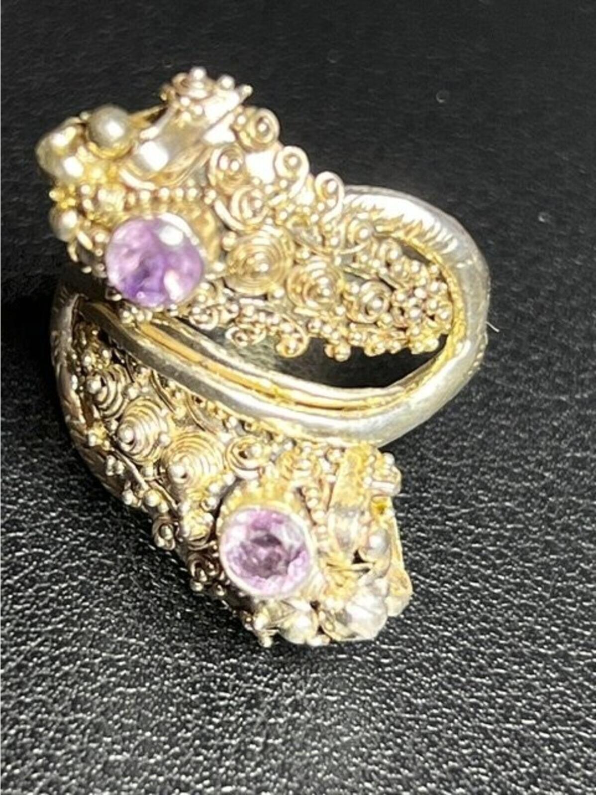 B5110 Ornate Bypass Ring Sterling Silver Purple Spinel Filigree 8.6g Sz 7